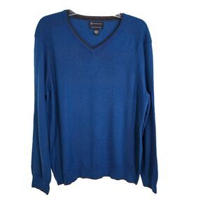INC International Concepts Sweater Large Blue V Neck Pullover Merino Wool Blend